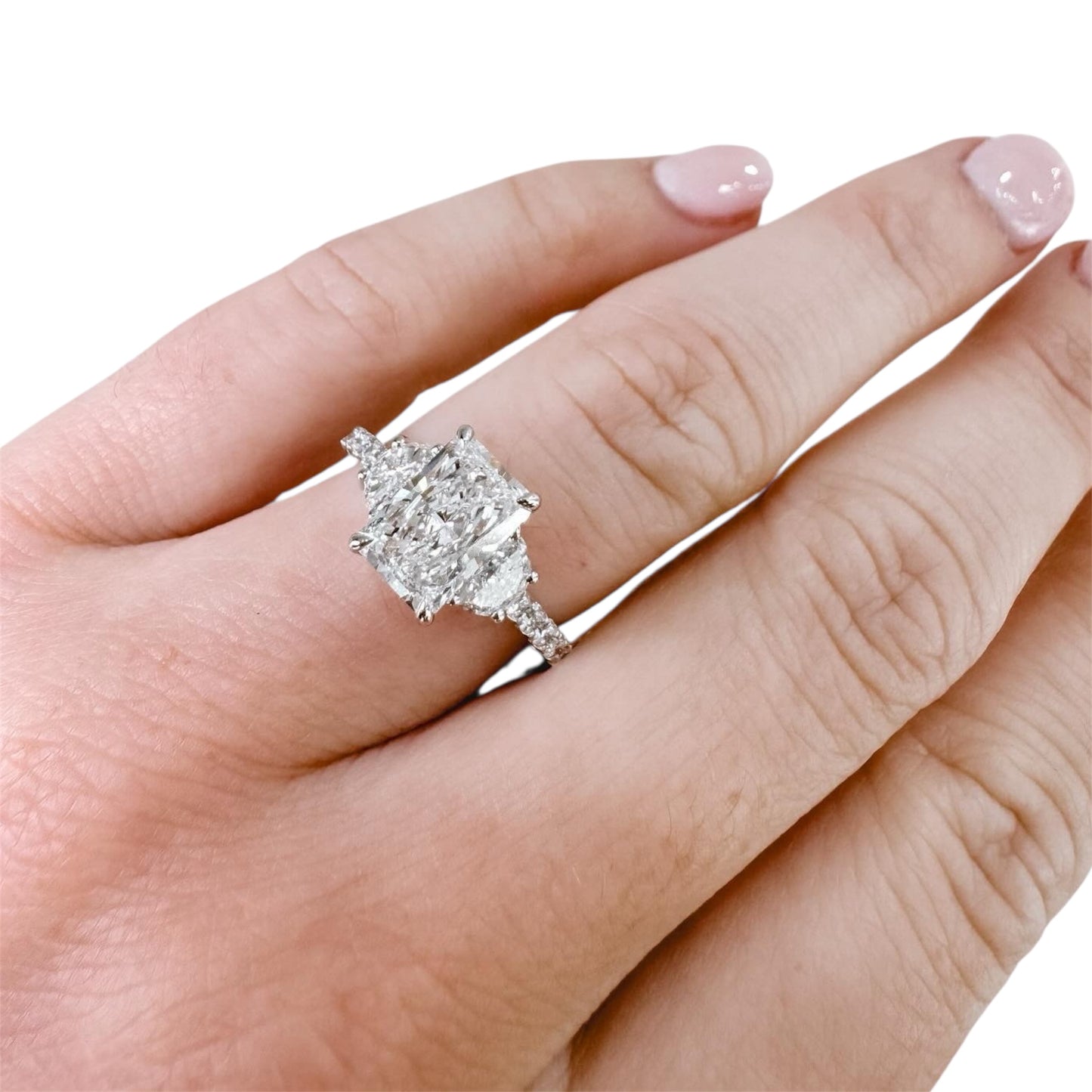 Lab Grown Three Stone Radiant Center and Two Half Moons Engagement Ring