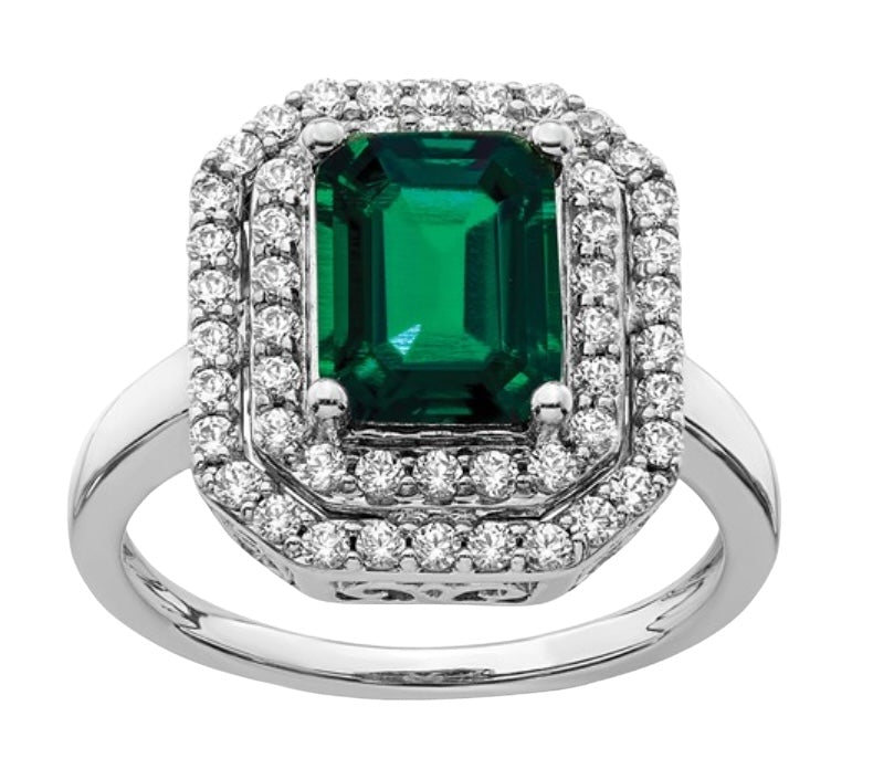 14k White Lab Grown Diamond and Emerald Ring