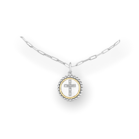Round Cross Pendant on Paperclip Chain